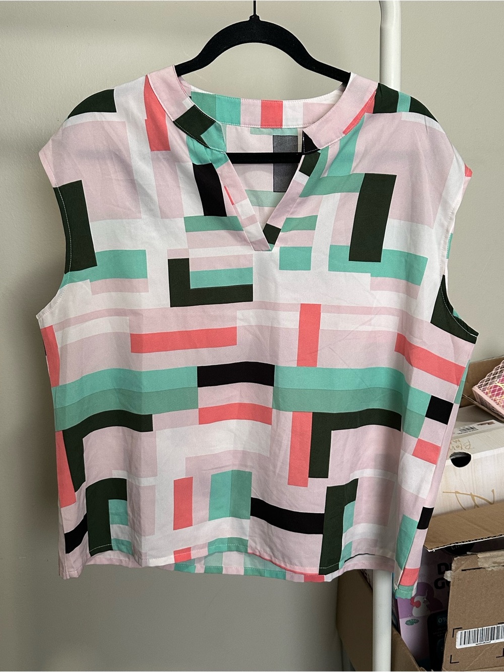 Pink and Green Abstract Geometric Shortsleeve V Neck Blouse size XL